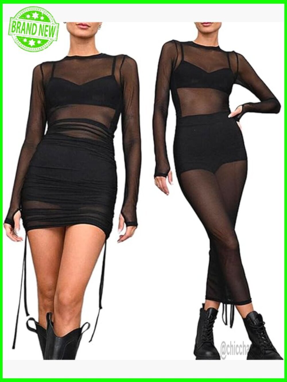 Mesh Dress Ruched Long Sleeve Bodycon See Through Clubwear Rave Outfits